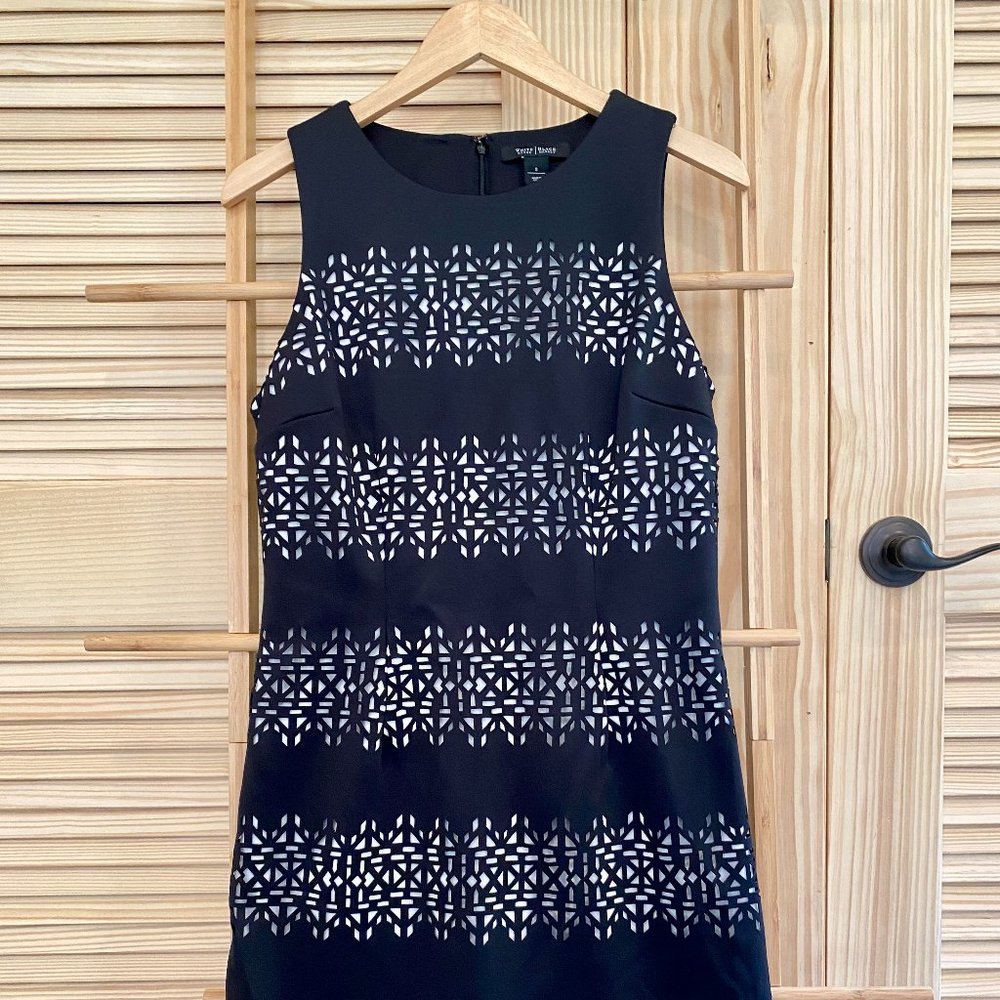 White House Black Market Women's Fitted Black Overlay with White Dress